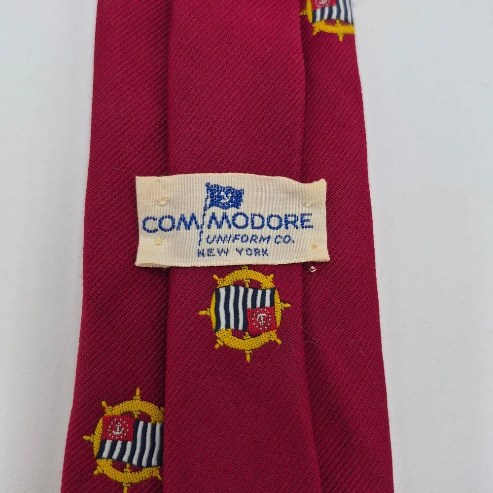 Vintage Commodore Uniform Co Nautical Ship Wheel Flag Tie Burgundy Red Mens